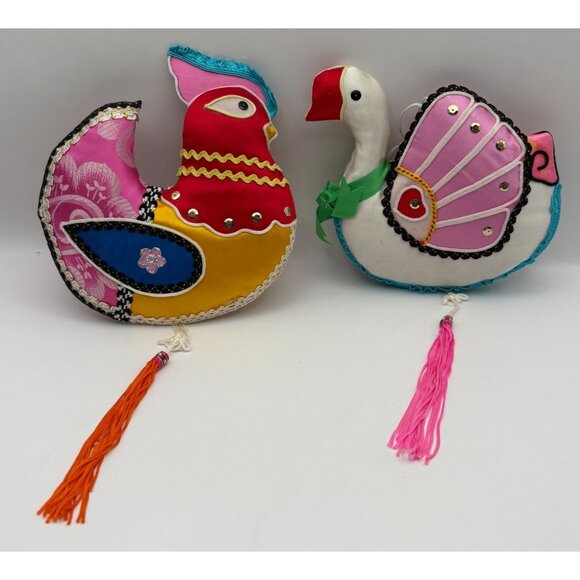Colorful Fabric Bird Christmas Ornaments Set of 2 Satin Rooster White Swan - Picture 13 of 13